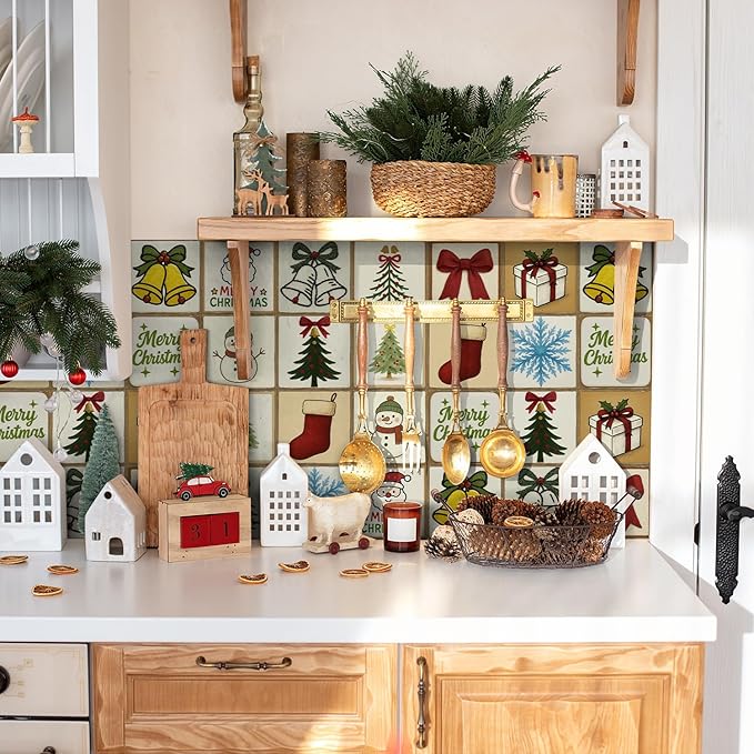 Holiday Decor Christmas Backsplash Stickers, Peel and Stick 12 Tiles, Removable Waterproof for Kitchen Wall, Festive Decoration