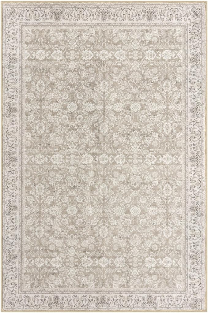4x6 Washable Rug Cream Beige White Grey Small Area Rug for Entryway Soft Non-Slip Indoor Door Rugs Distressed Floral Low-Pile Doormat, Neutral Vintage Carpet for Entrance Kitchen Farmhouse