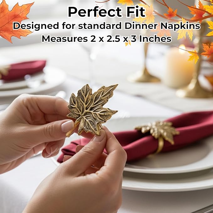 ALPHA Living HOME 12-Piece Metal Napkin Rings - Antique Gold Harvest Leaf Napkin Rings - Decorative Table Accents for Holiday Party, Dinner, Family Gatherings, Table Décor Weddings & Everyday Use