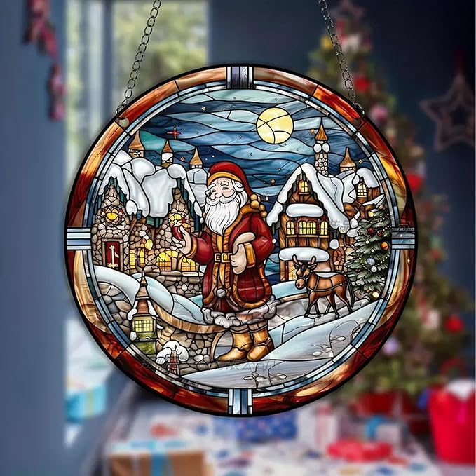 Christmas Santa Gingerbread Man Acrylic Disc Ornament for Tree, Wall, Window, Holiday Home Party Decoration (M)