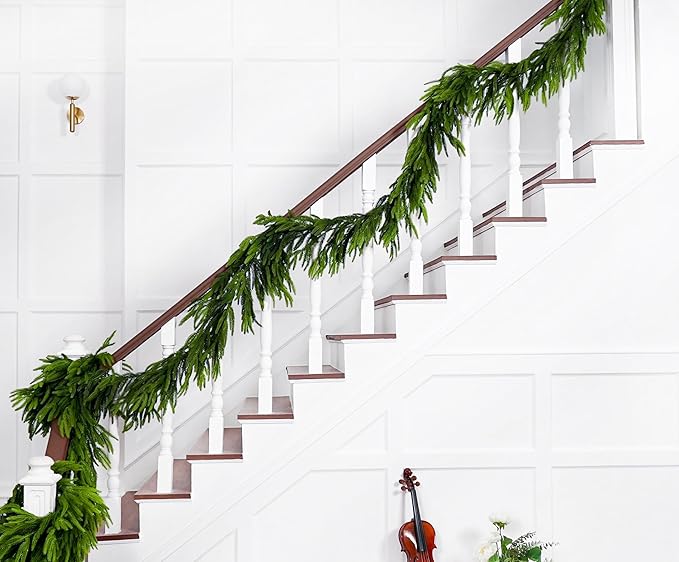 2 Pcs 9 Ft Christmas Garland Real Touch Norfolk Pine Garland Christmas Decorations Realistic Greenery Winter Pine Garland for Mantle, Table, Stairs, Fireplace Indoor Outdoor Home Holiday Xmas Decor