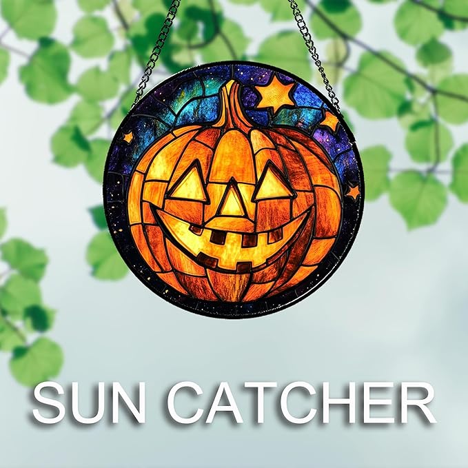 Stained Glass Window Hanging Halloween Horror Golden Pumpkin 15" - Suncatcher Door Garden Sunroom Gothic Style Sun Catcher Birthday for Friend Mom Men Woman Nana