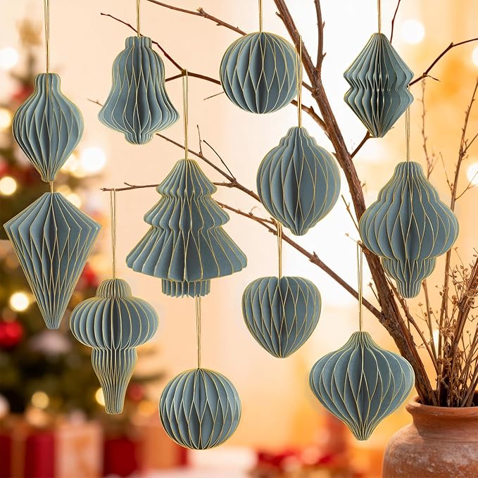 12Pcs Dusty Blue Paper Christmas Party Decorations, 3D Honeycomb Paper Hanging Ornaments with Glitter Edges, Classic Honeycomb Lantern Ornaments for Christmas Trees Winter Wonderland Party