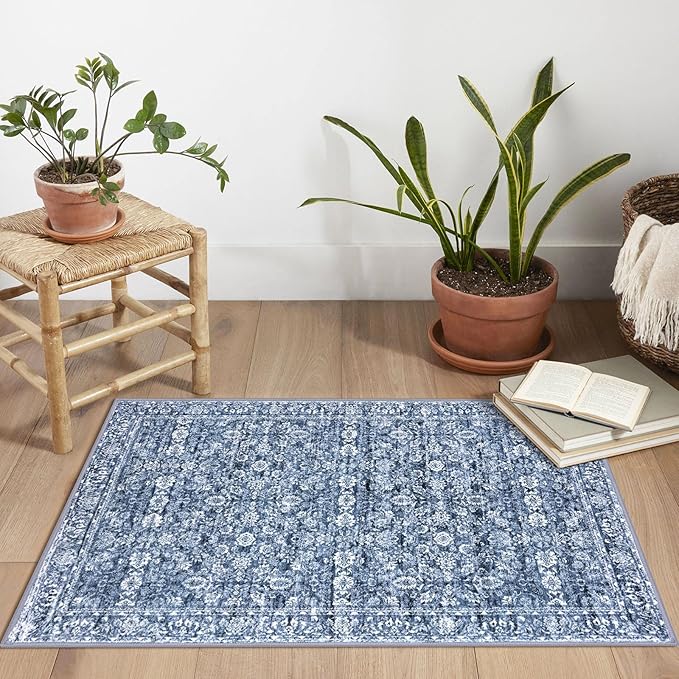 2x3 Washable Rugs for Entrance, Blue Soft Distressed Floral Area Rug, Non-Slip Low-Pile Doormat for Entryway, Dorm, Bedside, Foyer, Indoor Door Mat