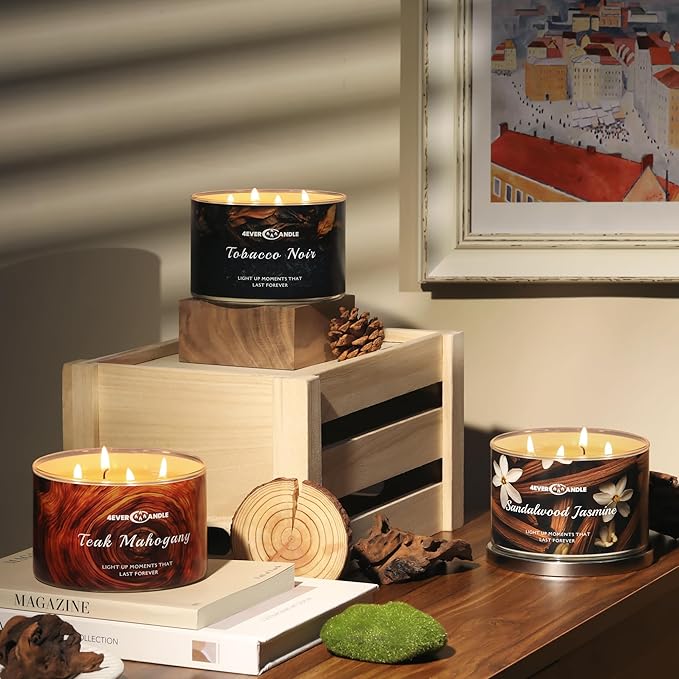 Soy Wax Blend Candle for Home, 4-Wick Candles in Teakwood & Mahogany Scented, Aromatherapy Candles Gift for Parties, Relaxing, Over 50 Hours of Burn Time, 18oz