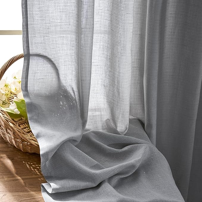 jinchan Grey Linen Blend Curtains 63 inch Length 2 Panels for Bedroom Living Room, Semi Sheer 50 inch Wide Farmhouse Cottage Core Style Drapes with Rod Pocket Back Tab(50W x 63L, Grey)