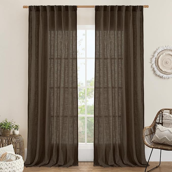 LAMIT Dark Brown Sheer Linen Curtains, 102 inch Light Filtering Semi Sheer Panels Back Tab and Rod Pocket Farmhouse Drapes for Bedroom/Living Room, 2 Panels, 52 x 102 Inch