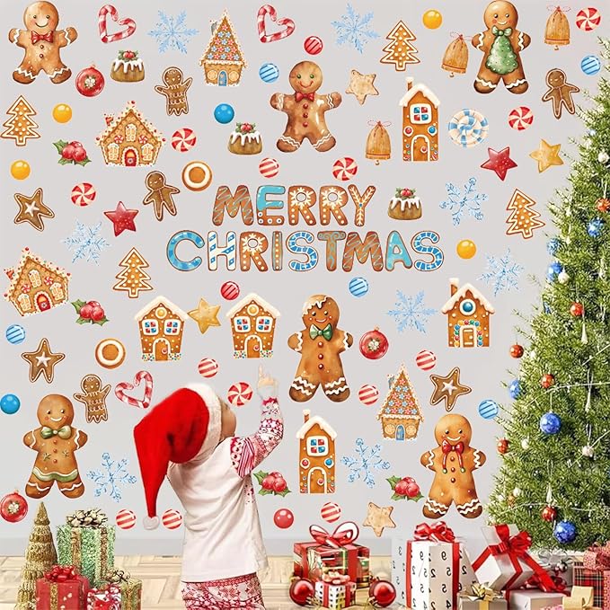 Christmas Window Clings Gingerbread Man,Merry Christmas Wall Stickers,Gingerbread Cookie Window Stickers Candy,Xmas Snowflake Wall Decals for Party Home Living Room Bedroom