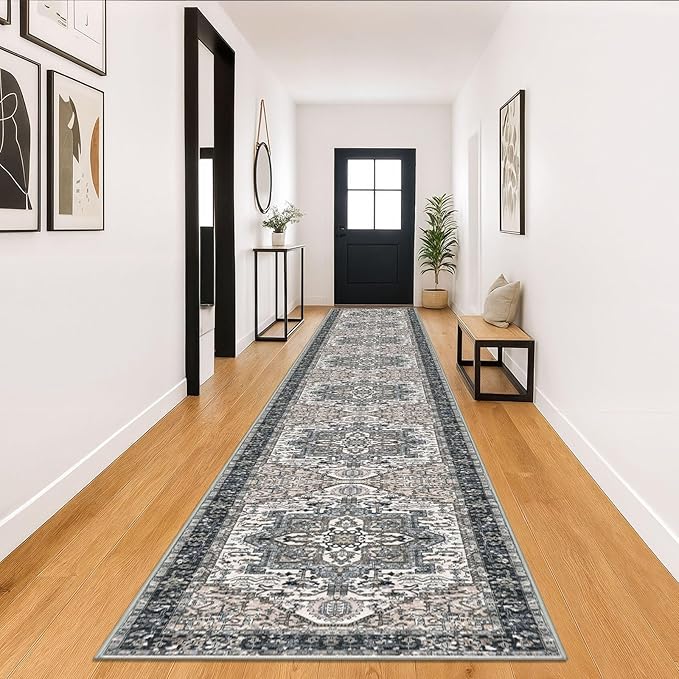 KOZYFLY Runners for Hallways 3x18 Ft Extra Long Washable Faux Wool Thin Runner Rug Printed Stair Carpet for Entryway Bedroom Kitchen Hallway Living Room, Black/Taupe/Beige
