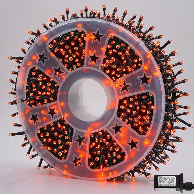 QITONG 165ft 500 LED Orange Christmas Lights, Christmas String Lights Outdoor Waterproof with 8 Modes, Green Wire Orange String Light Plug in Indoor with Timer Memory