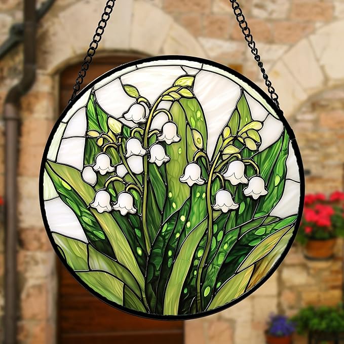 Stained Glass Window Hanging, Lily of The Valley Flower Sun Catchers Colorful Glass Panel Green Plants Suncatcher Decor for Birthday for Women,Men,Wife, Lovers, and Mom 11.8 in