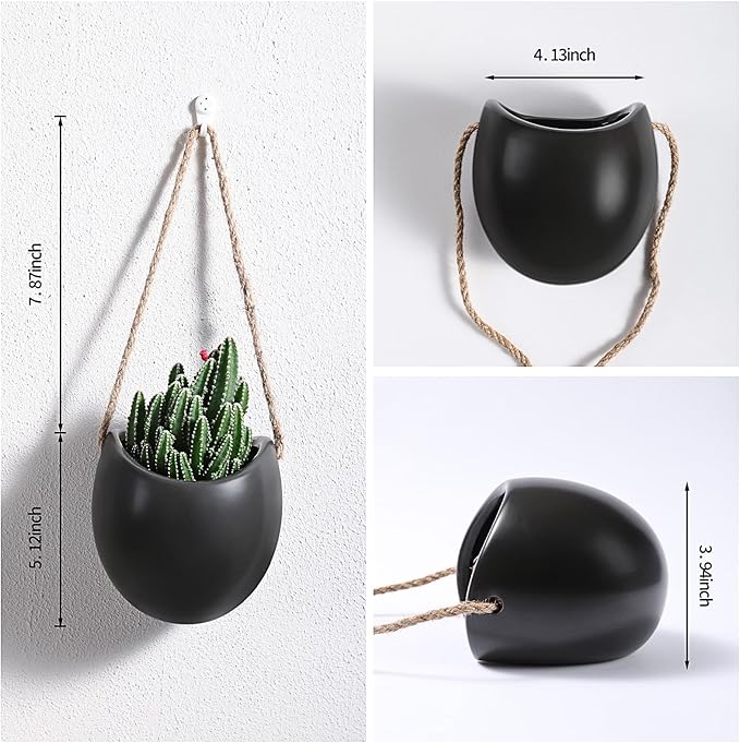Set of 3 Ceramic Wall Planters with Hooks, Hanging Planter for Greenery and Dried Flowers, Home & Office Wall Decor