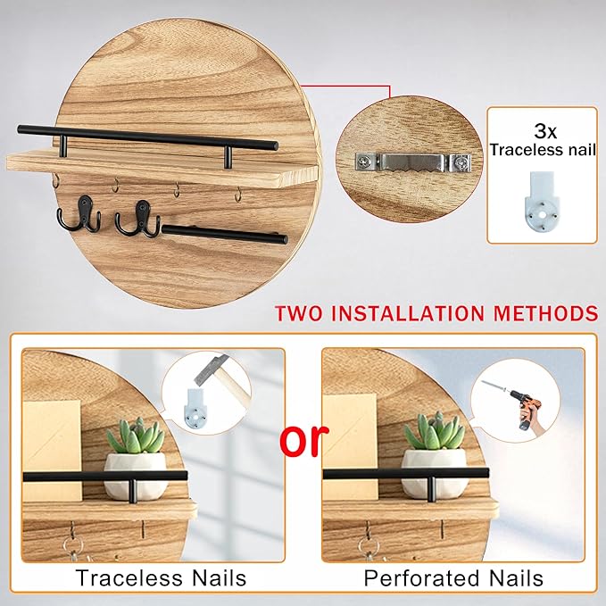 Key Holder for Wall Decorative with Shelf and Hooks, Mail Organizer Wall Mount with Sunglasses Holder, Circular Design Entryway Key Rack Hanger, Rustic Home Decor