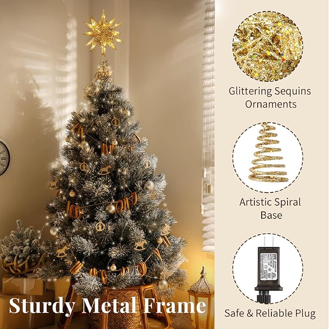 Lewondr Christmas Tree Topper, Plug in 3D Starburst Xmas Lighted Star Tree Topper, Remote Control & Timer Light Up Vintage Moravian Tree Topper for Christmas Decoraiton, Warm Light, Champagne Gold
