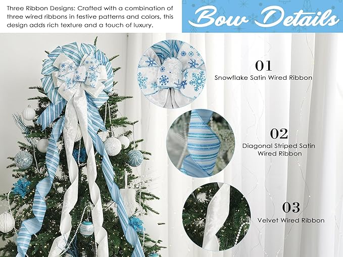 HUIHUANG Blue and White Christmas Tree Topper Bow 13 inch x 45 inch Large Christmas Bows Snowflake Velvet Bows for Christmas Tree Ornament, Wreaths, Staircase, Mantel, Home Decor