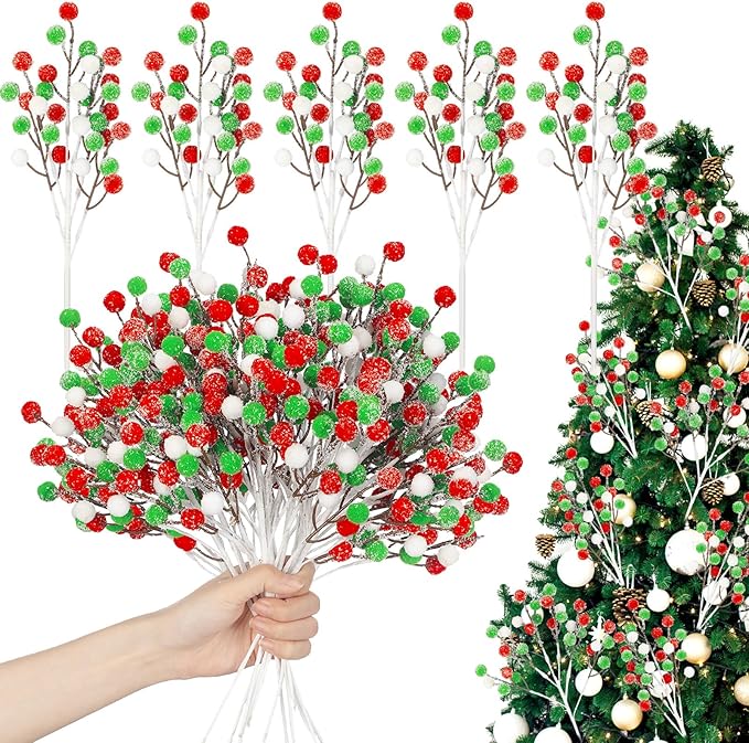 Norme 12 Pcs 13.8 Inch Christmas Felt Ball Picks and Spray Christmas Tree Topper Decoration Artificial Red Green and White Snowy Ball Stem Branches for Xmas Vase Filler Wreath Craft Supplies