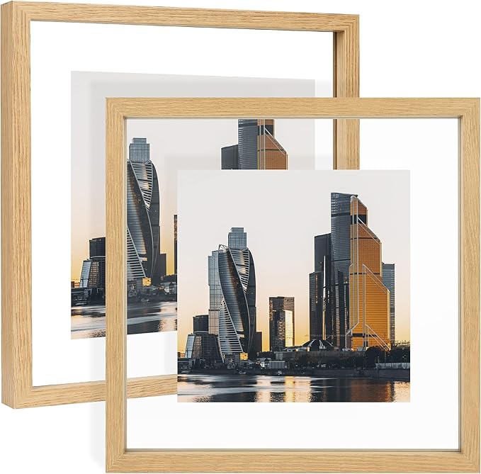 10x10 Floating Picture Frame Set of 2, Double Glass Photo Frame Wooden Frame for Wall Mount or Tabletop Displays for 5x7, 6x8, 7x9 inch Pictures, Plane Edge Frames, Natural