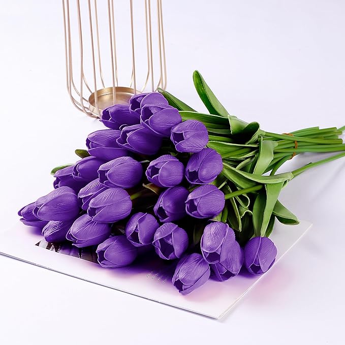 Sggvecsy 15 Pcs Fake Tulips Artificial Flowers Real Touch PU Faux Flowers Tulip Stems for Wedding Spring Bouquet Floral Arrangement Home Party Office Decorations for Mother's Day (Purple)