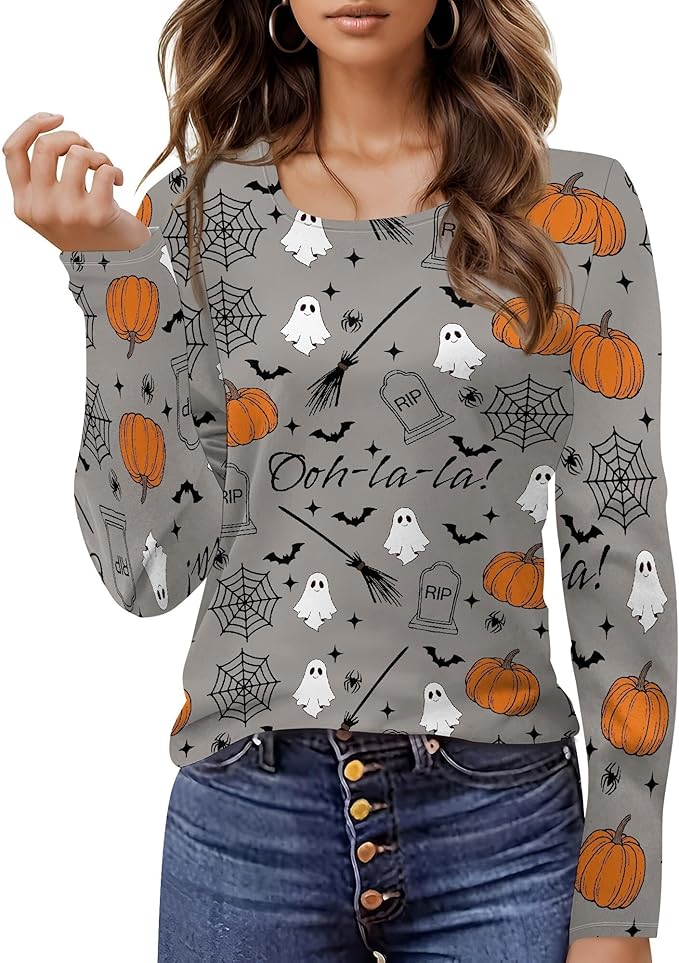 Halloween Sweatshirt Ghost Graphic U-Neck Sweatshirt Long Sleeve Breathable Plus Size Halloween Pullover Best Gift