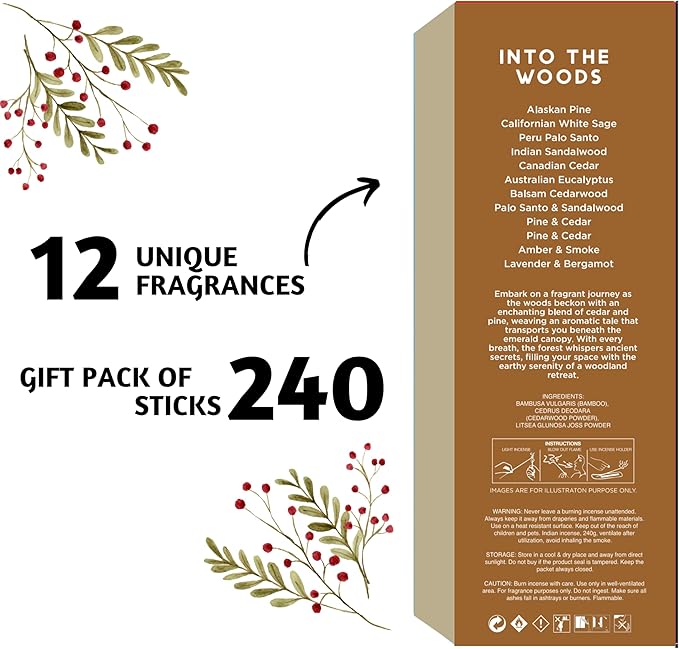 Folkulture Christmas Incense Sticks | Pack of 12 Non Toxic Insenses (240 Sticks) with Incense Holder | White Sage, Pine & Cedar, Palo Santo, Sandalwood Organic Inscents-Sticks for Home
