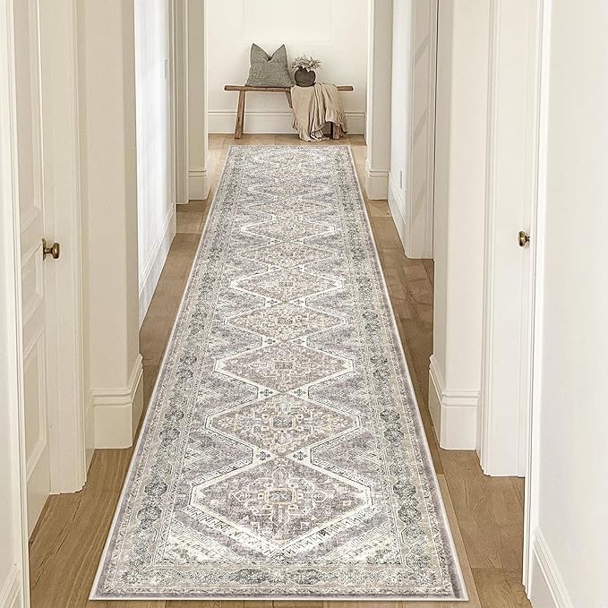 KUTA Washable Runner Rug 2.6x16, Non-Slip 16ft Extra Long Hallway Kitchen Rugs, Ivory Grey Yellow Brown Soft Printed Distressed Oriental Medallion 16ft Stair Runners Indoor for Bedroom Entryway