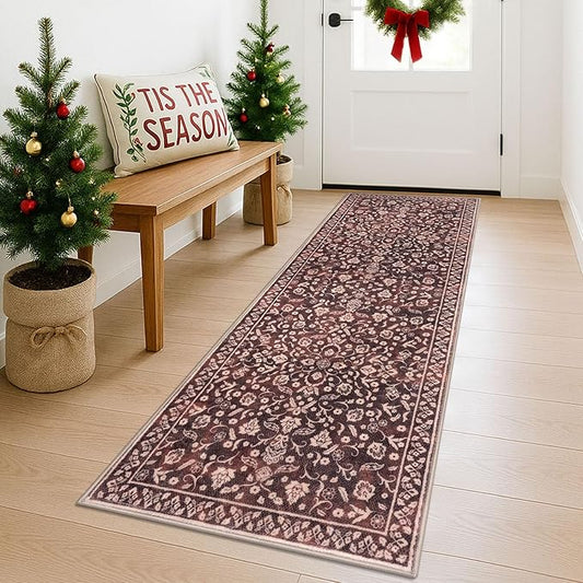 Vintage Washable Runner Rug 2x6, Burgundy Runners for hallways, Super Soft Kitchen Runner Rug Non Slip, Printed Faux Wool Floral Thin Carpet Runner for Entryway Laundry Room Bedroom