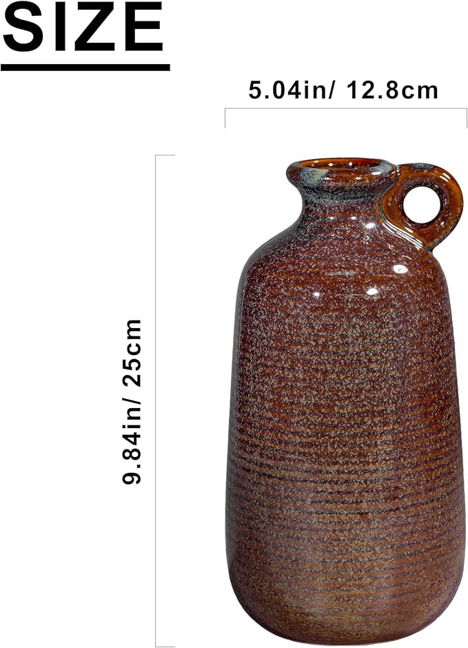 Sunddo Brown Ceramic Vase for Home Decor-10 Inch Rustic Decorative Vase with Handle, Mantle, Fireplace, Coffee Table, Shelf for Living Room