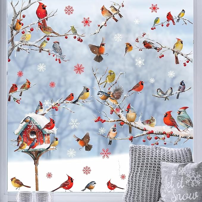 Winter Window Stickers Christmas Window Clings Double-Sided Xmas Sticker for Indoor Outdoor Decor Winter Birds Tree Branch Windows Decals for New Year Christmas Holiday Party Living Room Home Decor
