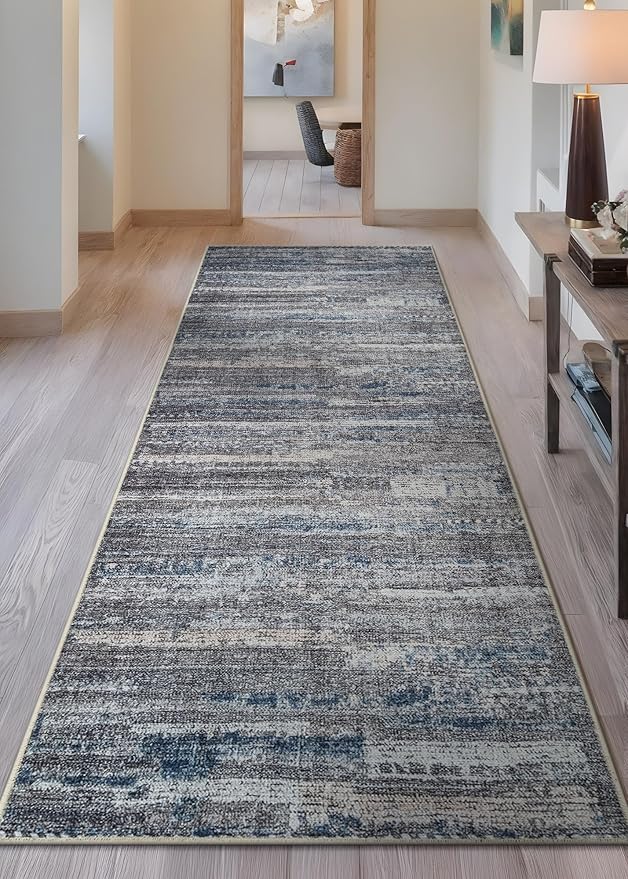 Bloom Rugs Washable Non-Slip 12 ft Runner - Gray/Blue/Blush Modern Abstract Runner for Entryway, Hallway, Bathroom, and Kitchen - Exact Size: 2.5' x 12'
