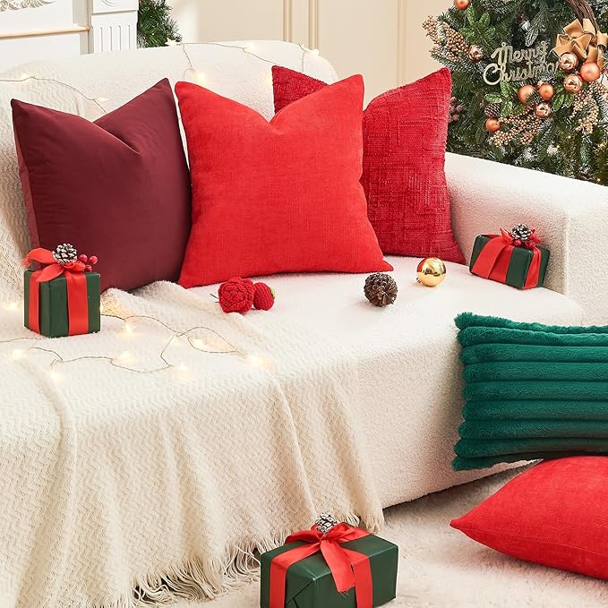 Christmas Burgundy Pillow Covers Set of 2 18x18 Inch Throw Pillow Covers, Soft Velvet Xmas Wine Red Decorative Pillow Covers for Couch Sofa Bed Living Room, Home Modern Decor