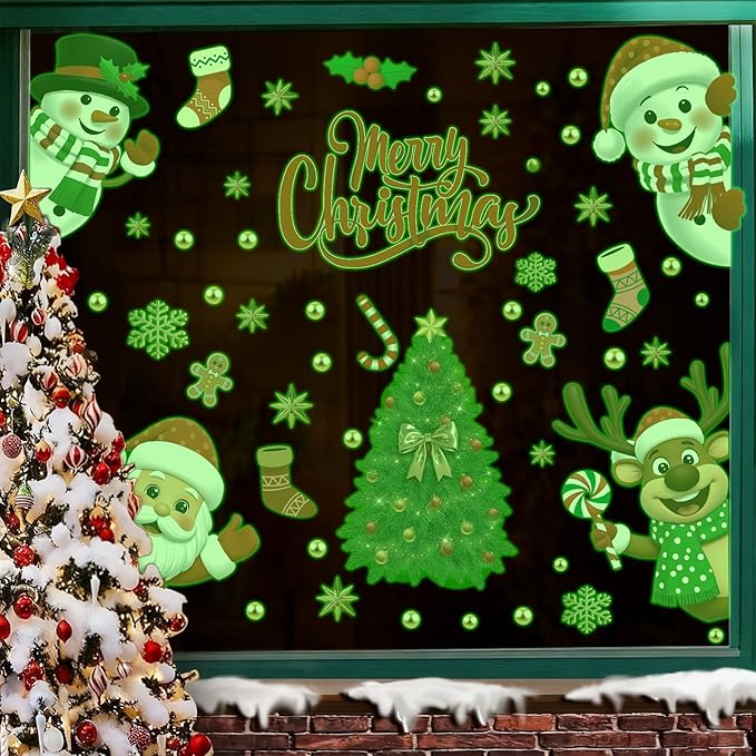 Merry Christmas Luminous Window Clings,Winter Snowflake Luminous Stickers,Xmas Wall Decals,Santa Snowman Reindeer Christmas Tree Stickers,Red Green Xmas Window Clings for Home Room School