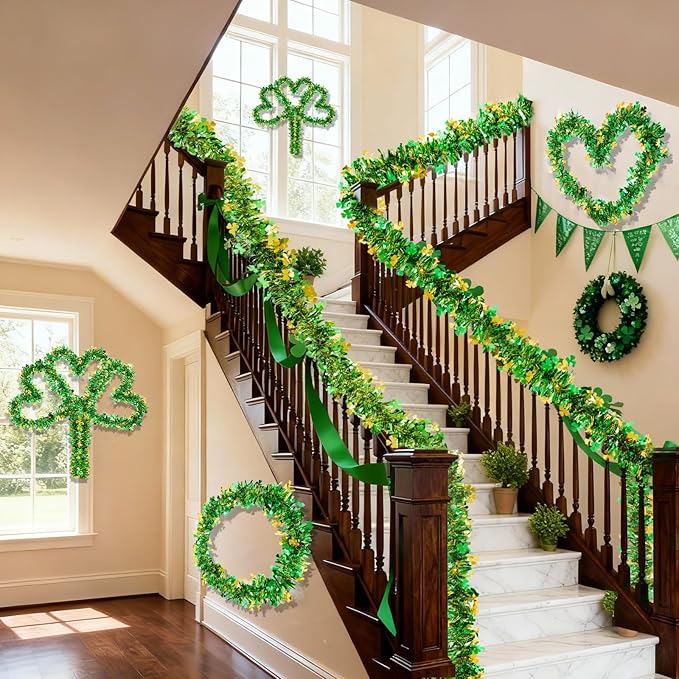 50FT St Patricks Day Garland Gold Green Shamrock Tinsel Garlands, Metallic Streamer Twist Irish Shamrock Garland Decorations for Tree Mantle, DIY Irish St Patricks Day Decorations