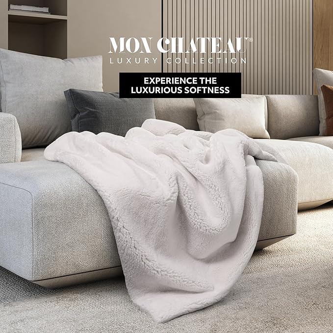 Mon Chateau 60" x 70" Hearthside Faux Fur Throw Blanket, Reversible Soft Blanket for Queen-Size Bed, Couch, or Sofa, Cozy Home Decor and Stylish Living Room Comfort, Winter Cream (Moonlit Cream)