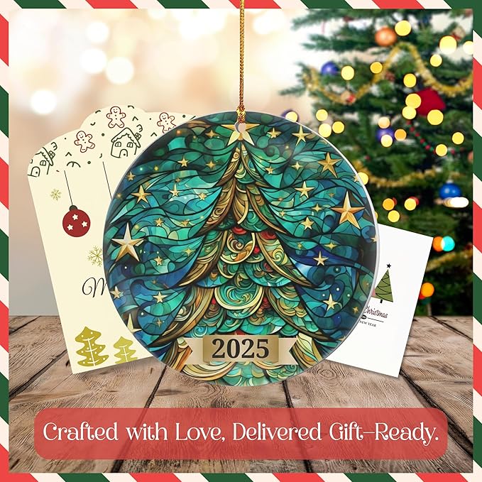 Christmas Tree Ornament 2025 – Stained Glass Style Round Acrylic Decoration – Collectible Dated Christmas Ornaments 2025 for Tree, Holiday Decor, Navidad Decorations