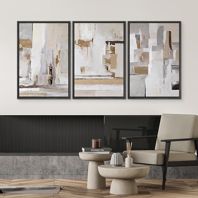 SIGNWIN Framed Canvas Print Wall Art Set Abstract Geometric Neutral Beige and White Illustrations Modern Art Decorative Rustic Calm/Zen for Living Room, Bedroom, Office - 24"x36"x3 Black