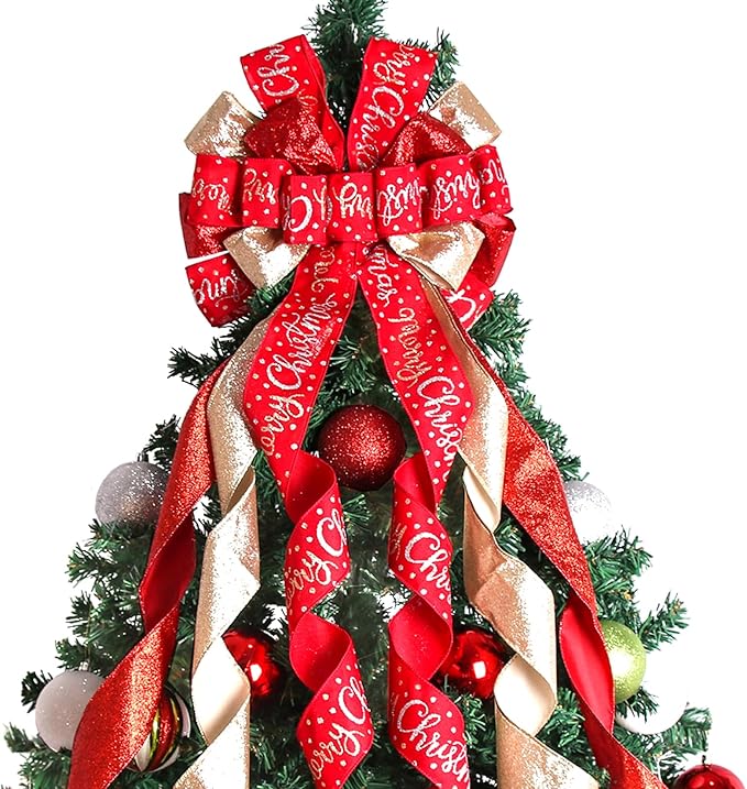 Christmas Tree Topper Christmas Wreath Bow 45"x12" Large Christmas Toppers Bow with Letter Patterned for Xmas Tree Rustic Farmhouse Home Holiday Party Decorations Red