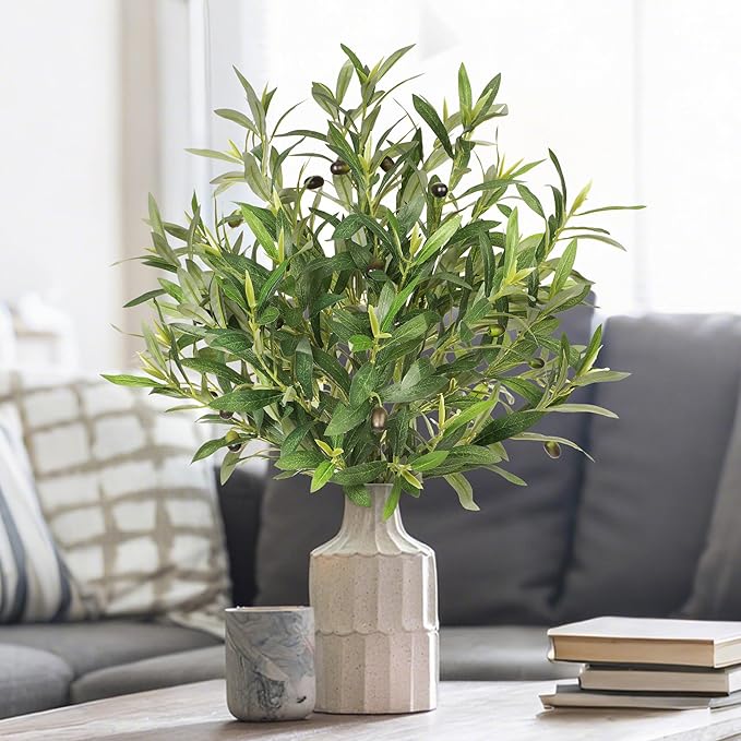 Fake Plants 6PCS Artificial Olive Branches Faux Greenery Olive Branches for Vases Tree Branches Greenery Stems Silk Plants Faux Greenery Stems for Home Decor Room Office Decor 25.6In(No Vase)