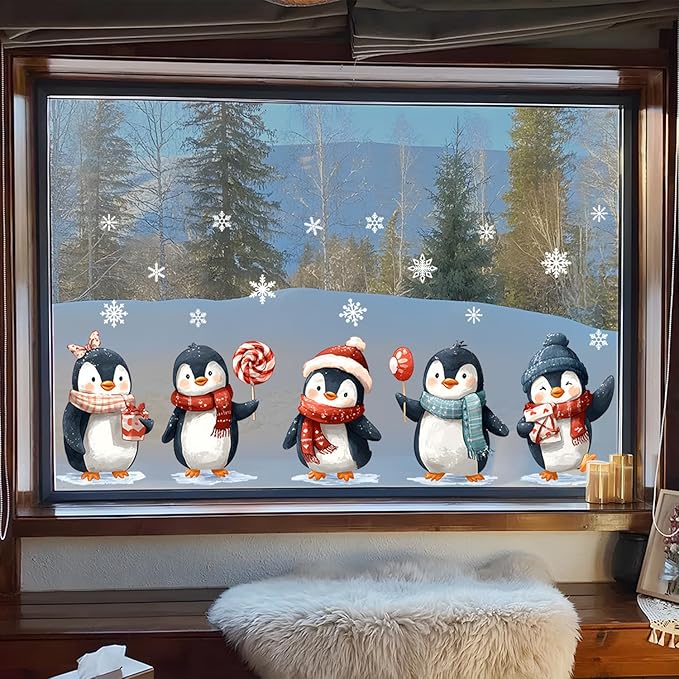 Christmas Penguin Wall Decals Stickers — Cute Winter Penguins with Scarves, Hats, Candy, and Gifts Removable Vinyl Wall Decor for Living Room, Bedroom, Office, Holiday Decoration