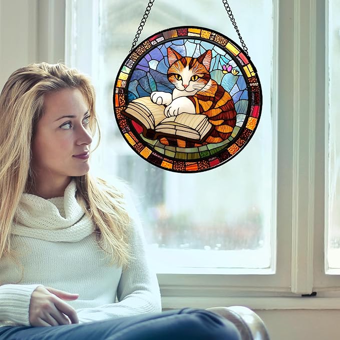 Stained Glass Window Hanging Little Cat Reading Large 11.8" - Suncatcher Door Garden Kitchen Sunroom Sun Catcher Home Decor Birthday for Lost Pets Mom Grandma Men Woman Friend