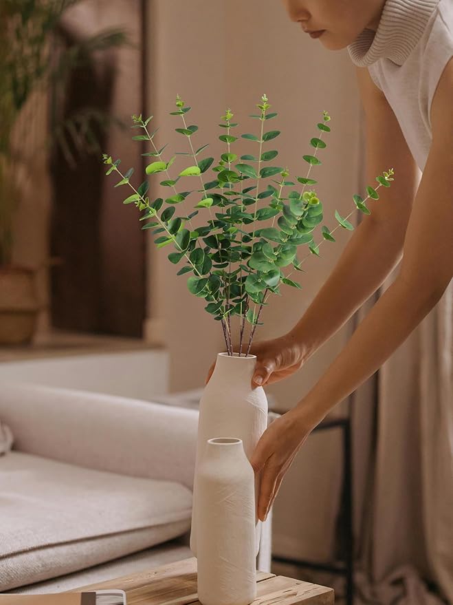 Forlaoers 4pcs 32" Tall Green Artificial Eucalyptus Leaves Greenery Stems Fake Flowers Plants Branches for Vase Home Decor Indoor Office Arrangements Decoration
