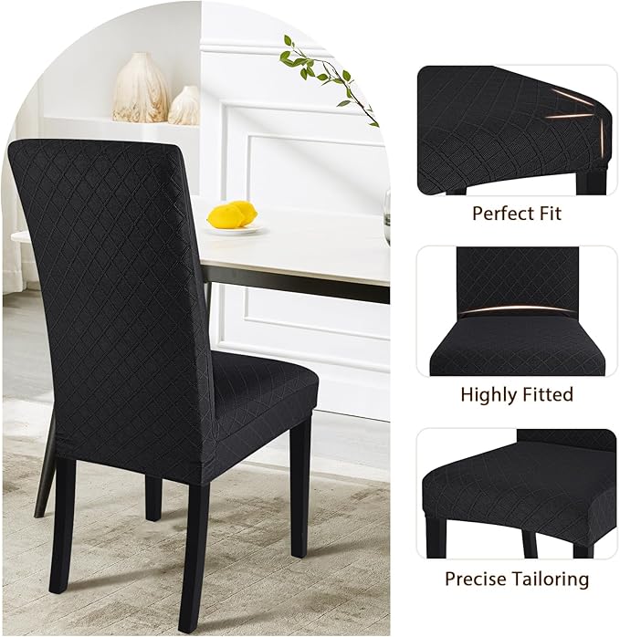 SearchI Dining Room Chair Covers Set of 6, Stretch Jacquard Parsons Chair Slipcovers Removable Washable Kitchen Chair Protector Cover for Dining Room, Hotel, Ceremony (Black Rhombus)