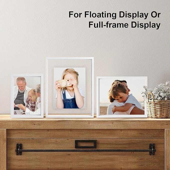 Egofine 8.5x11 Floating Frames Set of 2, Double Plexiglass Picture Frame, Made of Solid Wood Display Any Size Photo up to 8.5x11, Wall Mount or Tabletop Standing, White