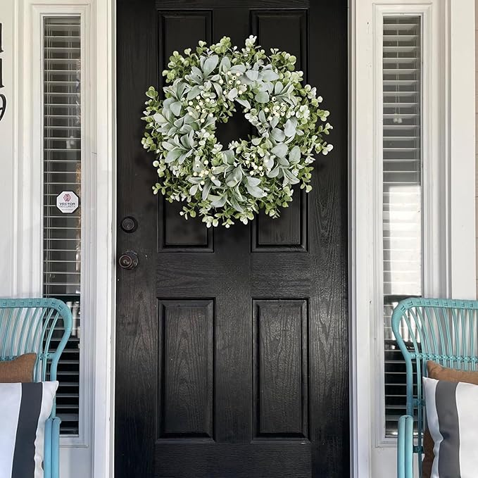 26 Inch Large Lambs Ear Wreaths for Front Door Spring Summer Lambs Leaves with White Berries, Artificial Greenery for Farmhouse Porch Wall Living Room Home Widding Decor for All Seasons Wreaths