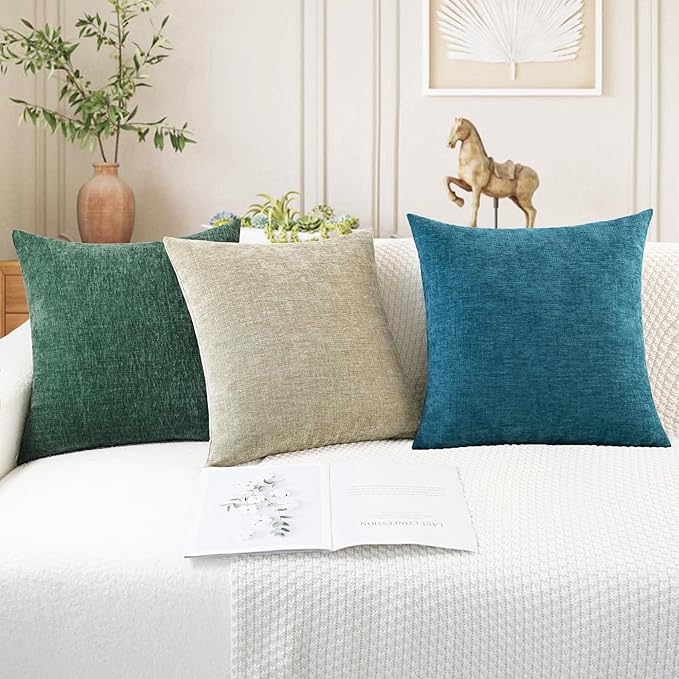 CaliTime Christmas Throw Pillow Covers Decorative 16 X 16 Inches Pack of 2 Cozy Chenille Cushion Cases for Couch Sofa Bed Living Room Home Dark Green