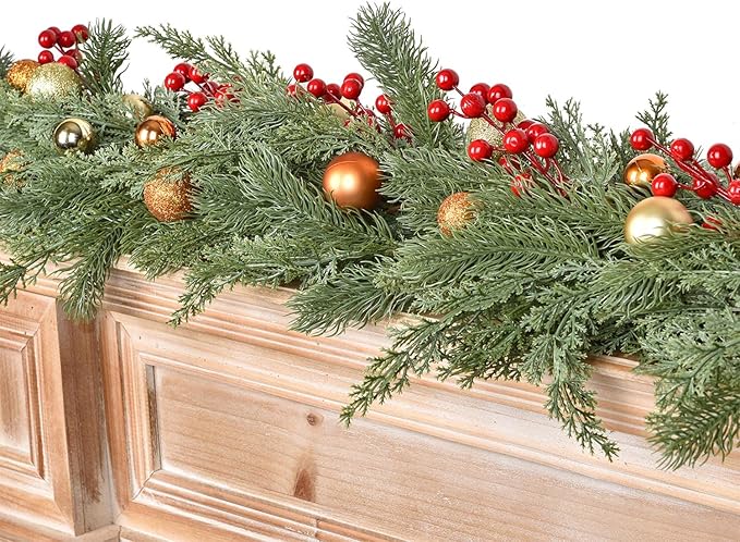 Pine Christmas Garland, 6FT Christmas Greenery Garland, Realistic Cedar Leaves Cypress Garland for Holiday Mantel Fireplace Table Centerpiece Decoration