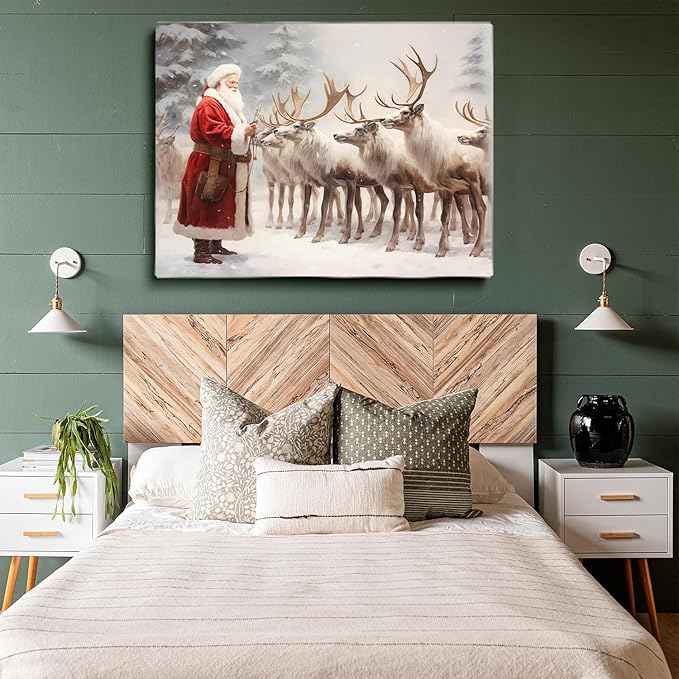 Santa Claus and Reindeer Art Print,Vintage Christmas Reindeer Wall Art,Vintage Santa Print,Vintage Reindeer Poster,Winter Wall Art,Christmas Holiday Decor16x24inchUnframed