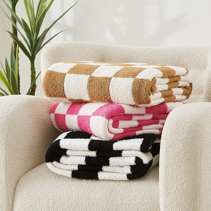 WRENSONGE Checkered Throw Blanket, Black and White Soft Cozy Fluffy Warm Hand Made Throw Blankets for Couch, Sofa, Chair, Bed, Camping, Picnic, Travel Lightweight Bed Blanket - 50"*70"