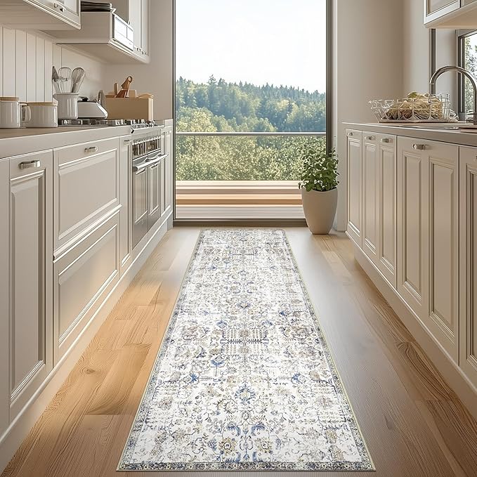 jinchan Kalen Runner Rug 2x10 Washable Hallway Rug Vintage Runner Indoor Floor Cover Thin Retro Distressed Floral Country Non Slip Carpet for Entryway Bathroom Bedroom Living Room Stairway Blue