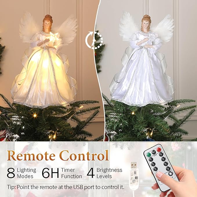 HMASYO Christmas Tree Topper Angel with Timer Lights, 12" Angel Tree Toppers with White Feather Wings, Star Light, Remote Control and USB Power Xmas Treetop Decor for Indoor Office Holiday Party