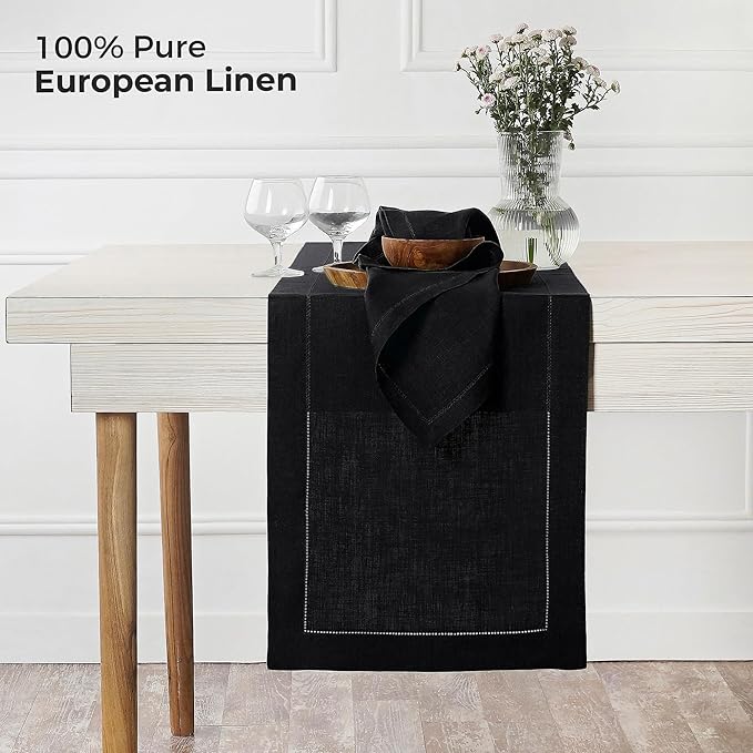 D'Moksha Homes Linen Black Table Runner 120 Inches Long - 100% Pure Linen Hemstitch 14 x 120 Inch Table Runner for Dining, Spring, Easter - Classic Hemstitch